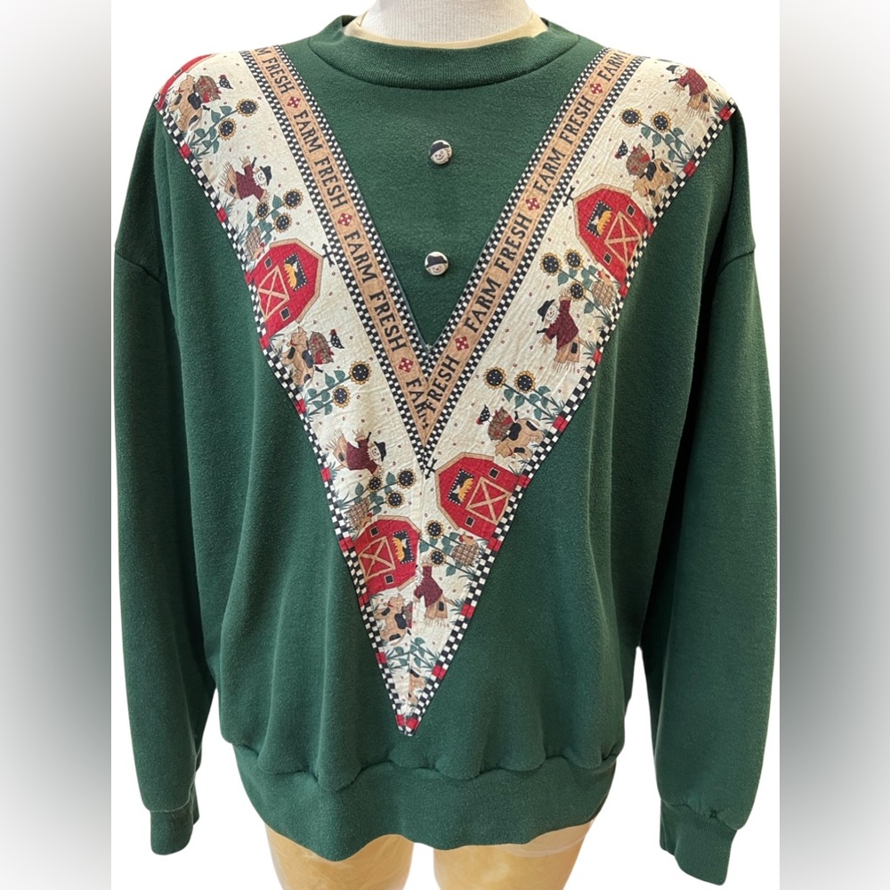 Vintage 90s Fall Sweatshirt, Debbie Munn ‘94 Fabric “Farm Fresh”, Made in USA